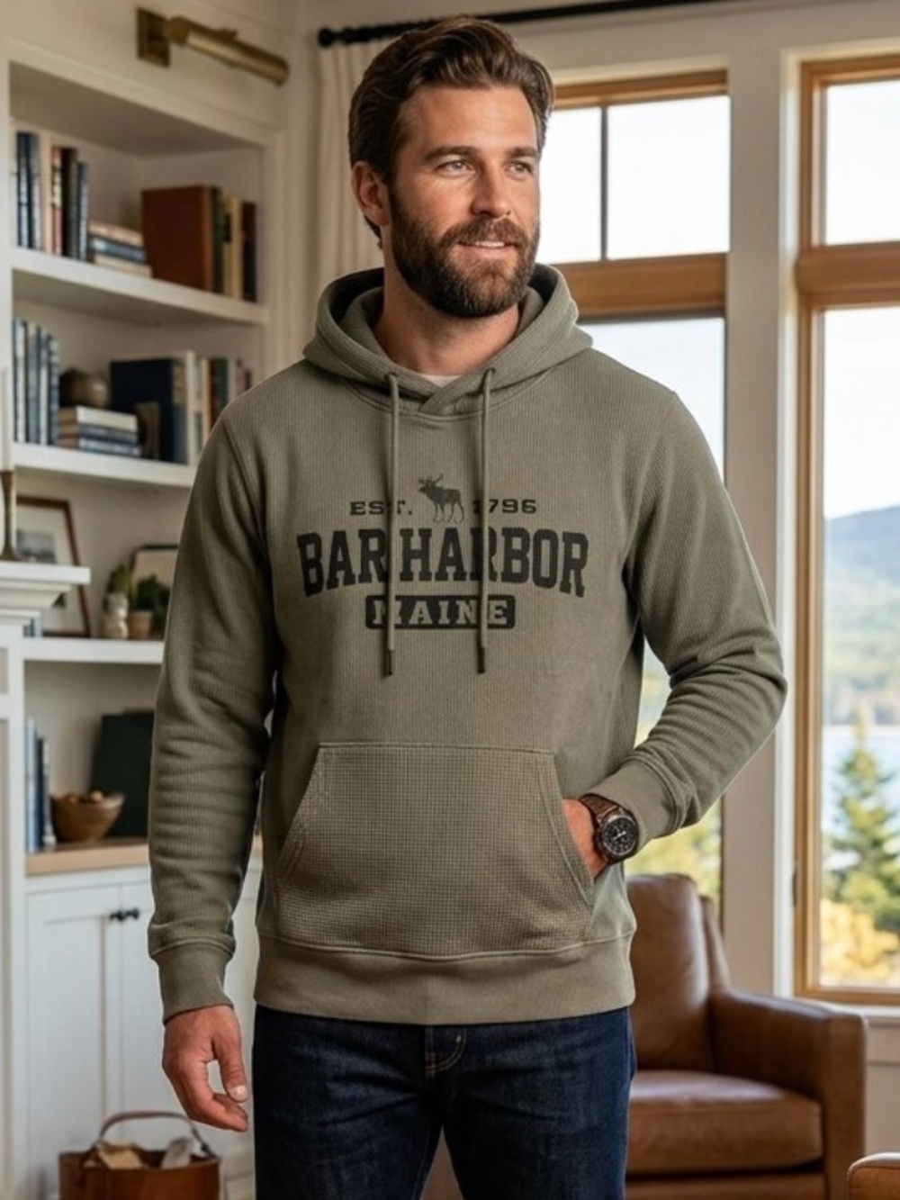 Bar Harbor Maine Moose Graphic Hoodie Olive Size Medium